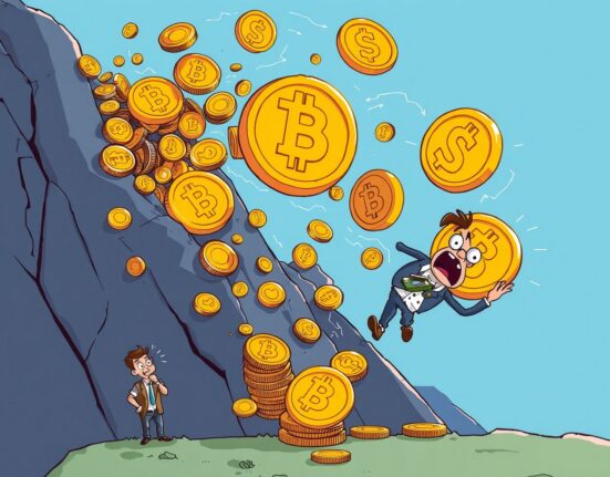 Dramatic cartoon showing crypto futures liquidated as coins cascade downward amid shocked traders