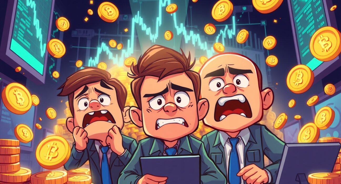 Dramatic cartoon illustration showing crypto futures liquidated in massive market wipeout