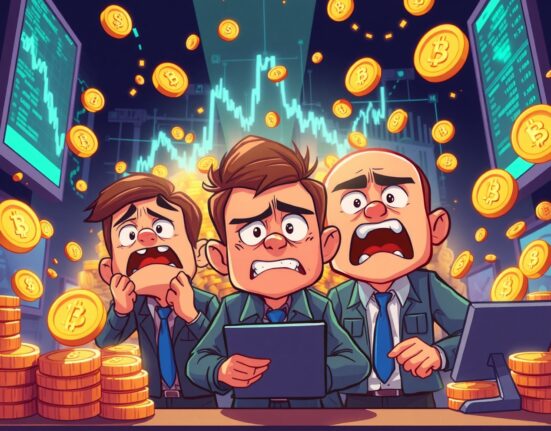 Dramatic cartoon illustration showing crypto futures liquidated in massive market wipeout