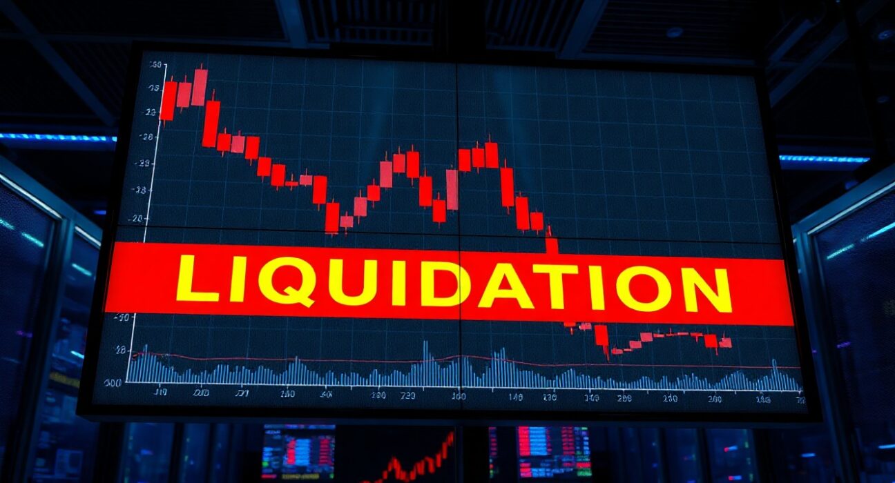 Trading screen showing red candlestick charts and a liquidation warning during a crypto market sell-off.