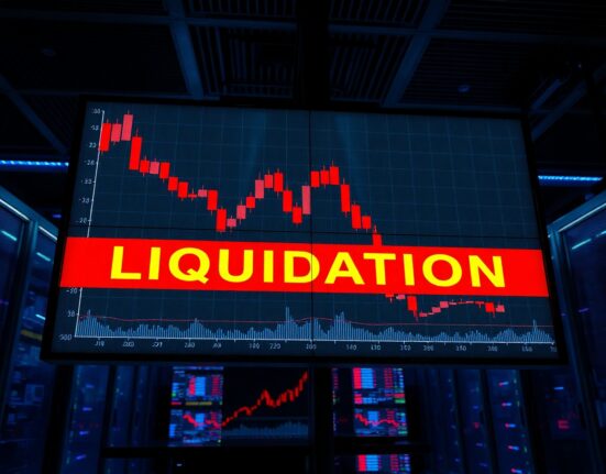 Trading screen showing red candlestick charts and a liquidation warning during a crypto market sell-off.