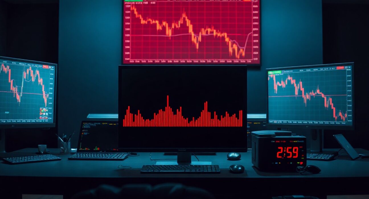 Professional trading desk with red candlestick charts showing market liquidation event
