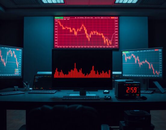 Professional trading desk with red candlestick charts showing market liquidation event