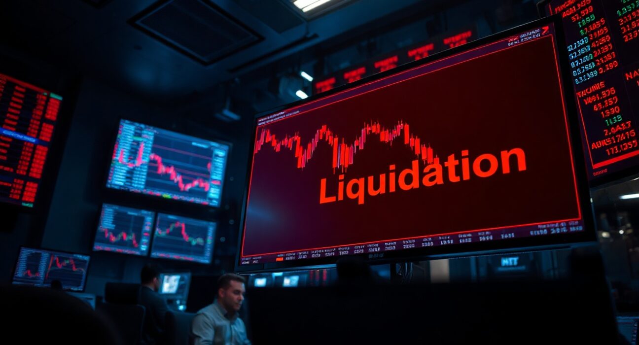 Trading desk monitors showing crypto futures liquidation data and red candlestick chart.