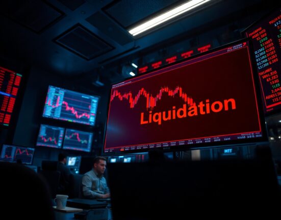 Trading desk monitors showing crypto futures liquidation data and red candlestick chart.