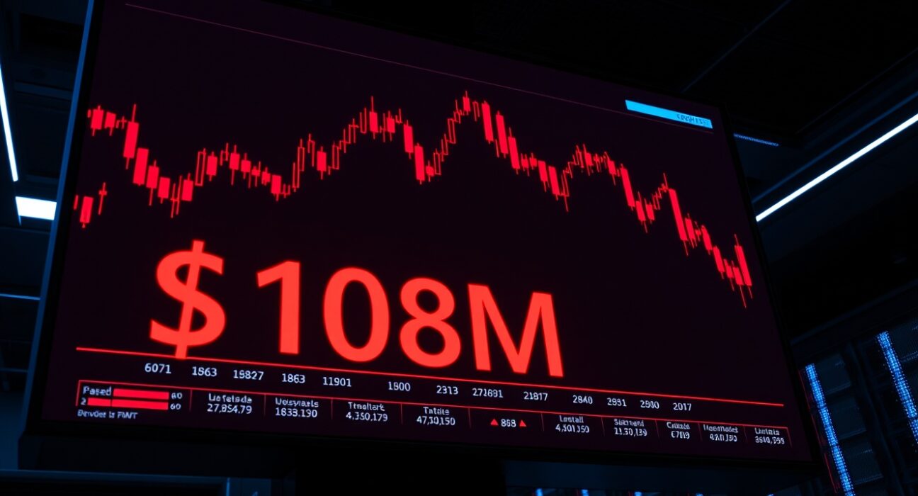 Trading screen showing $108 million in crypto futures liquidations during a market downturn.