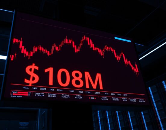 Trading screen showing $108 million in crypto futures liquidations during a market downturn.