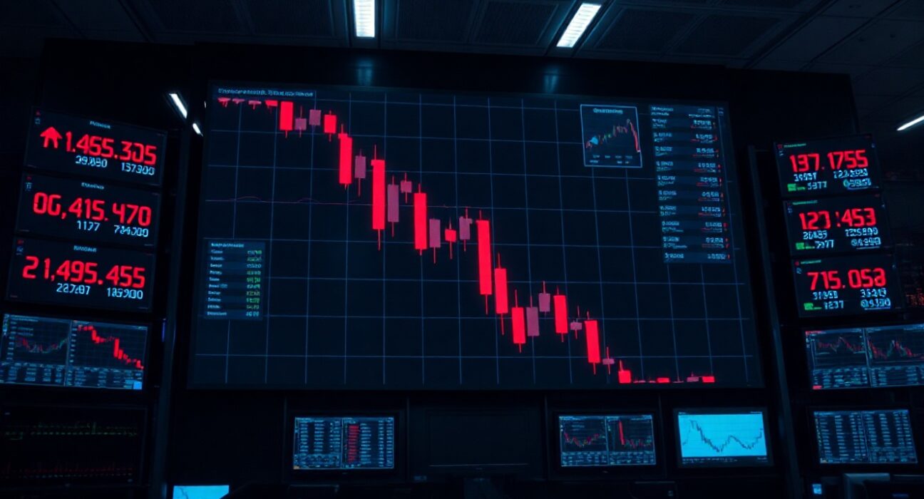 Digital trading screen showing a sharp red candlestick chart indicating a major crypto futures liquidation event.