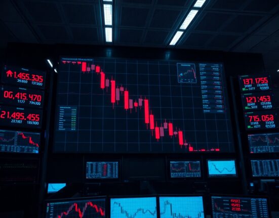 Digital trading screen showing a sharp red candlestick chart indicating a major crypto futures liquidation event.