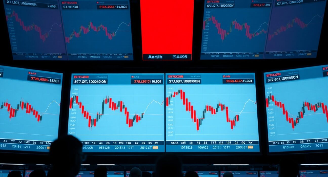Trading monitors showing red charts and falling prices after a major crypto futures liquidation event.