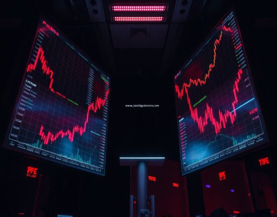 Red candlestick charts on monitors in a dark trading environment indicating a market sell-off.