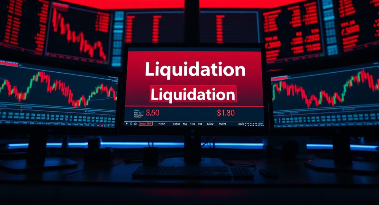 Red candlestick charts and liquidation warning on monitors at a professional trading desk.