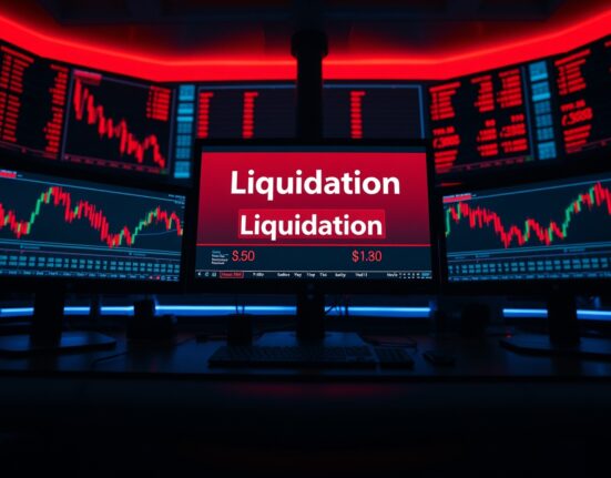 Red candlestick charts and liquidation warning on monitors at a professional trading desk.