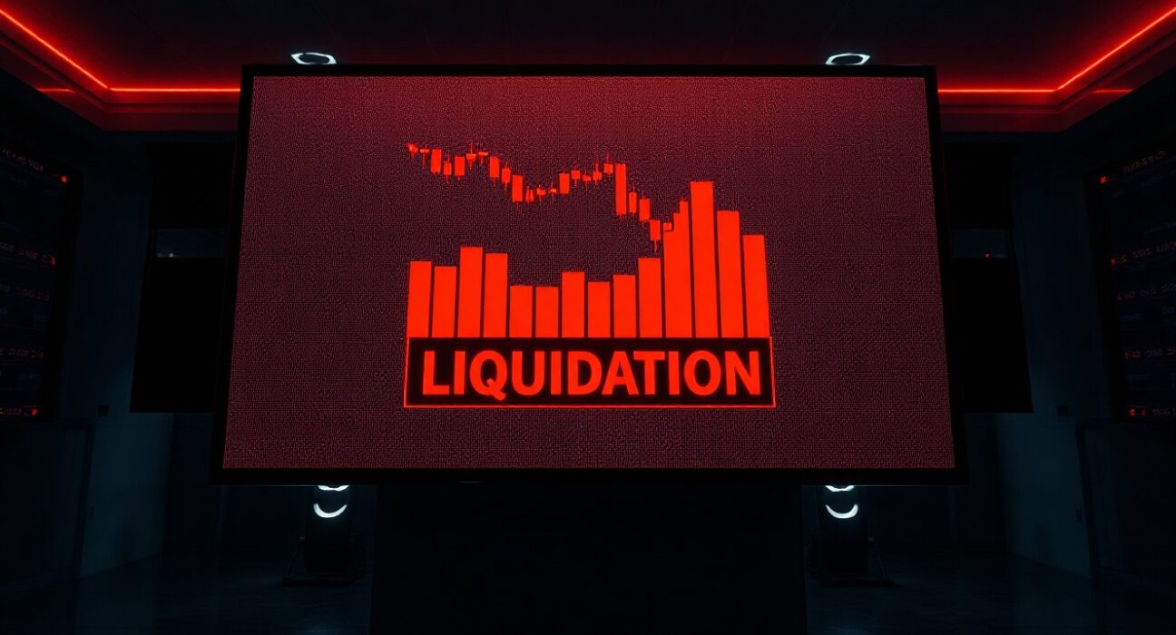 Digital trading screen displaying a sharp red candlestick chart indicating a major market liquidation event.
