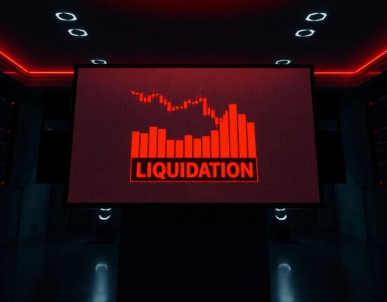 Digital trading screen displaying a sharp red candlestick chart indicating a major market liquidation event.