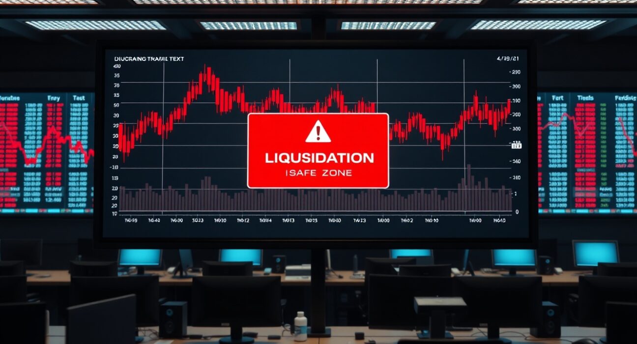 Trading screen displaying red candlestick charts and a liquidation warning alert.