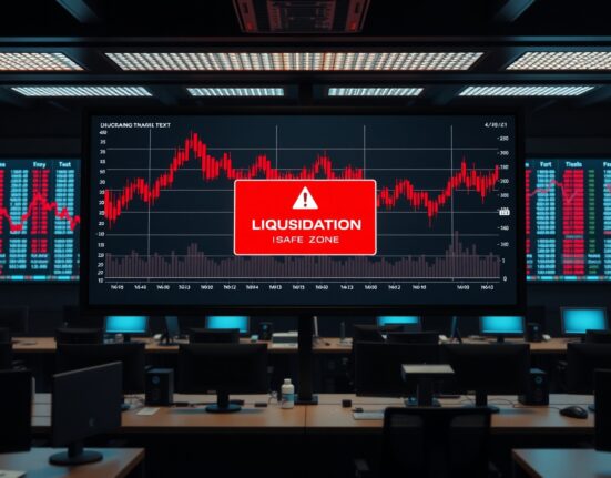 Trading screen displaying red candlestick charts and a liquidation warning alert.