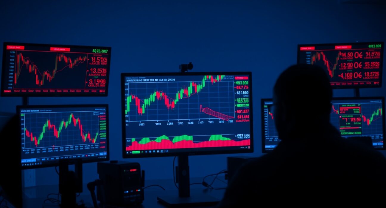 Trading desk monitors showing crypto liquidation data and price charts during market sell-off
