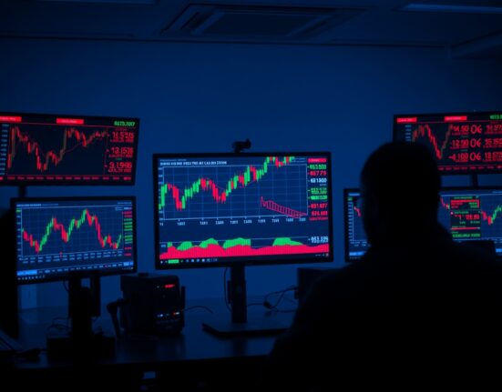 Trading desk monitors showing crypto liquidation data and price charts during market sell-off