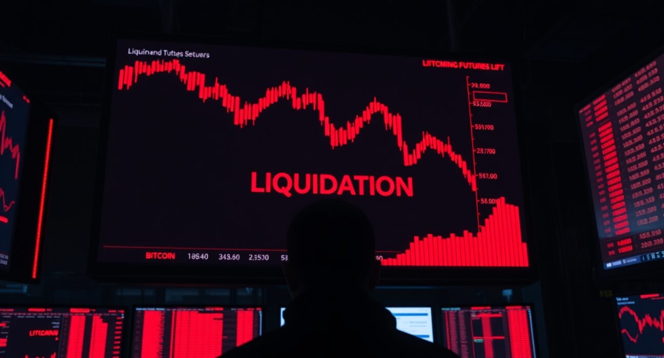 Digital trading screen showing Bitcoin futures liquidation data with red candlestick charts