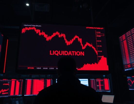 Digital trading screen showing Bitcoin futures liquidation data with red candlestick charts