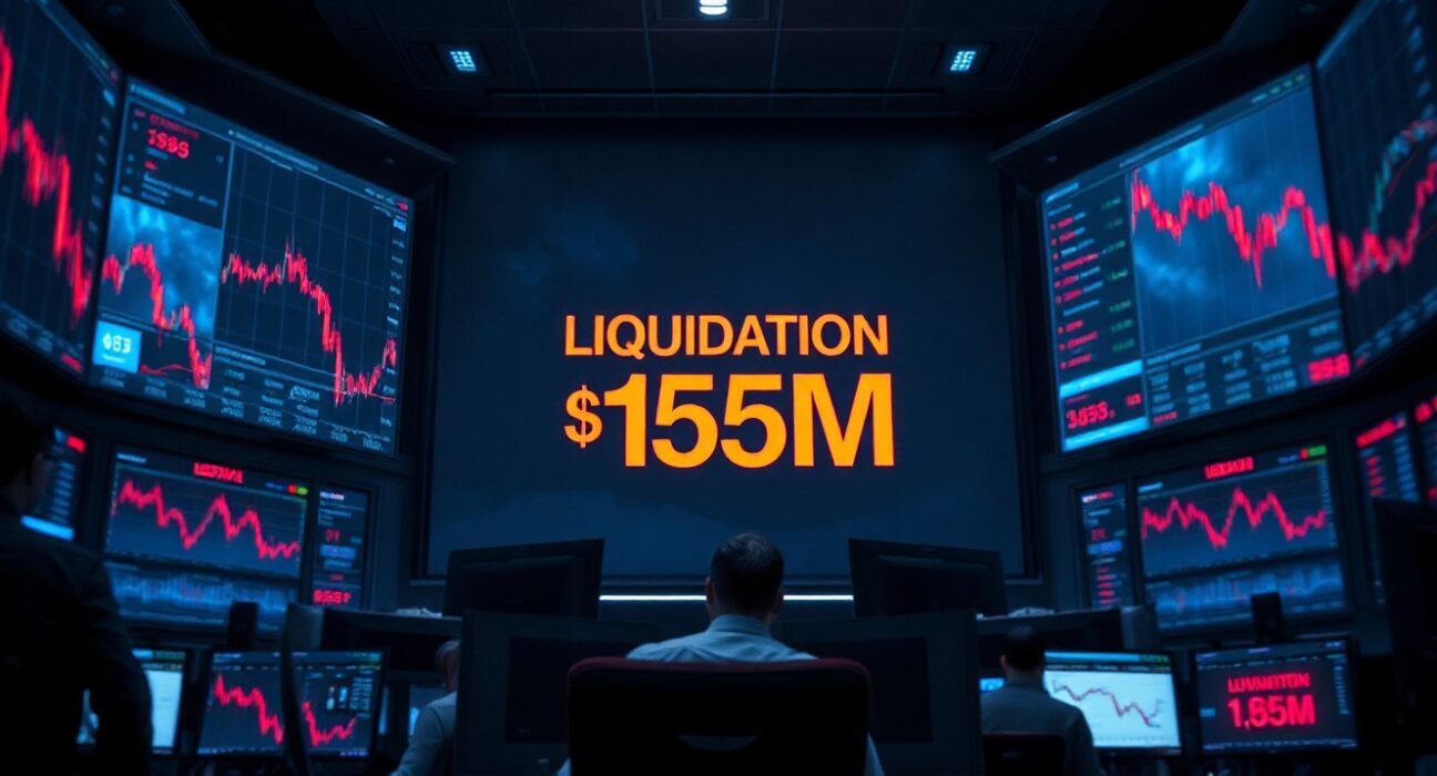 Trading dashboard showing $155 million in crypto futures liquidations amid market downturn.