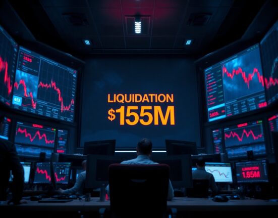 Trading dashboard showing $155 million in crypto futures liquidations amid market downturn.