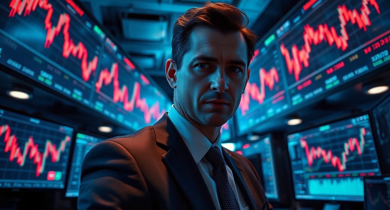 Trader monitoring crypto liquidation data on multiple screens during a market selloff