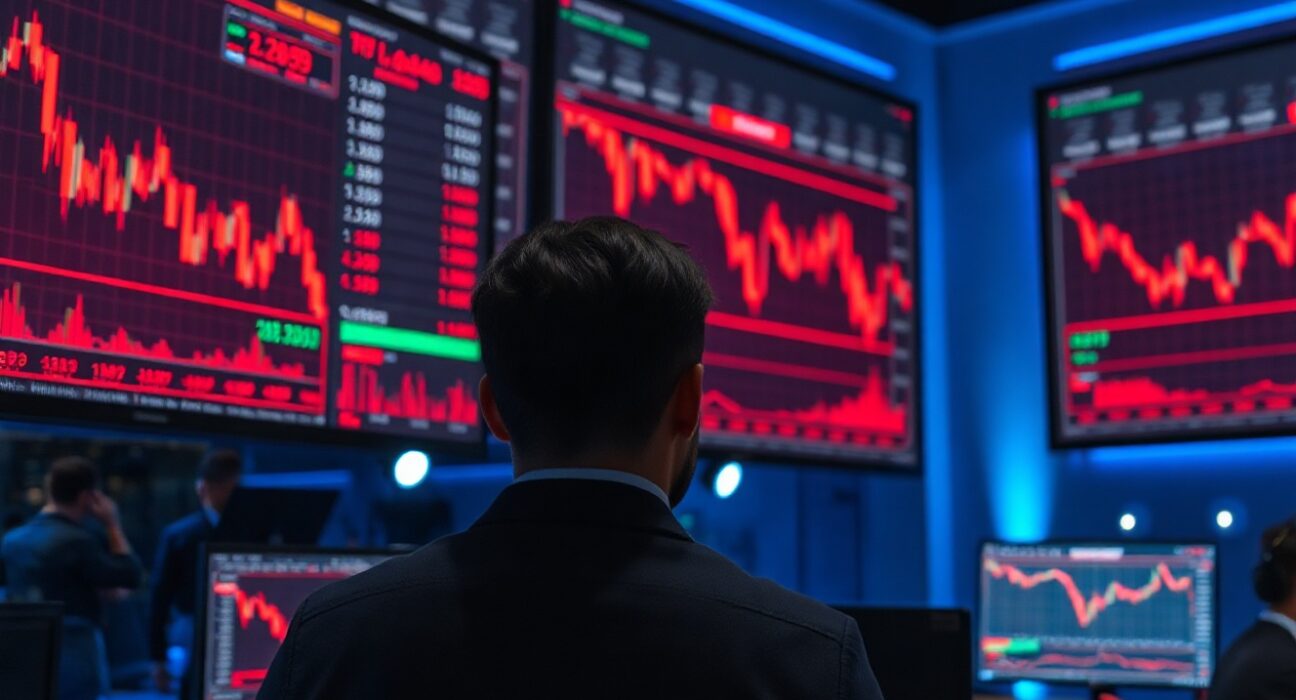 Trading floor with monitors showing crypto liquidation data and falling prices