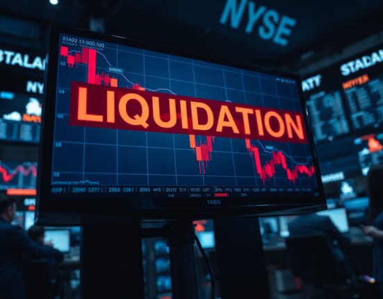 Close-up of a trading monitor showing a red candlestick chart and a liquidation warning, representing a sharp crypto market downturn.