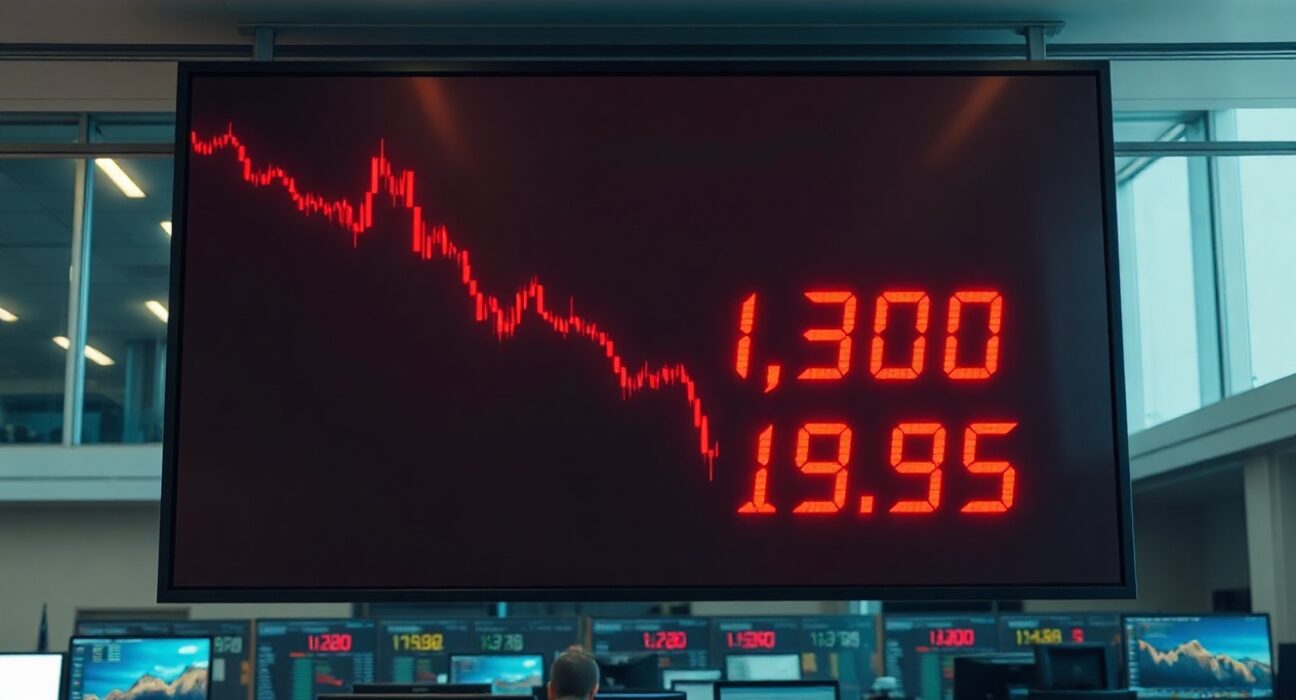 Trading floor display showing a sharp red chart and large liquidation numbers, indicating a significant crypto market event.