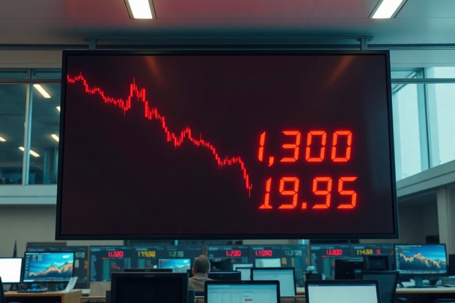 Trading floor display showing a sharp red chart and large liquidation numbers, indicating a significant crypto market event.