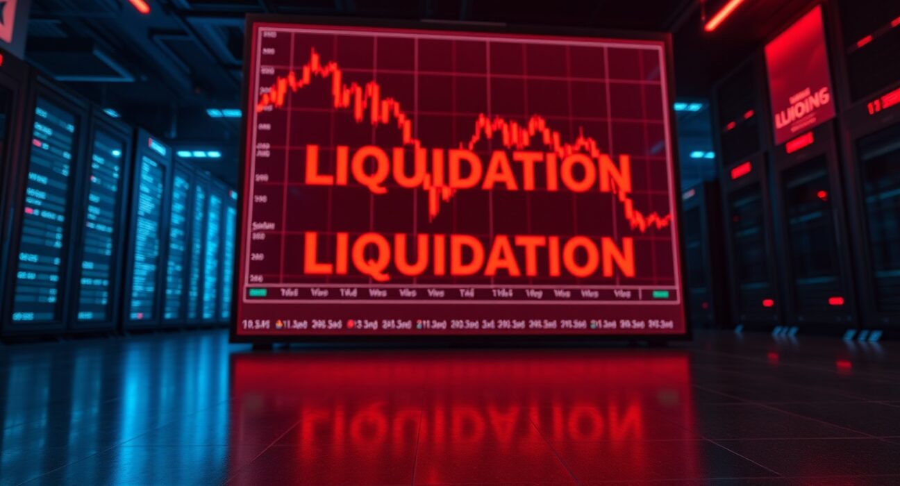 Digital trading screen displaying a sharp red candlestick chart and a liquidation warning, representing a major crypto futures liquidation event.