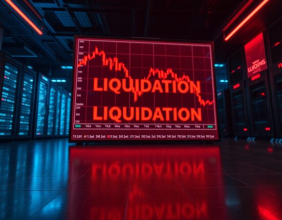 Digital trading screen displaying a sharp red candlestick chart and a liquidation warning, representing a major crypto futures liquidation event.