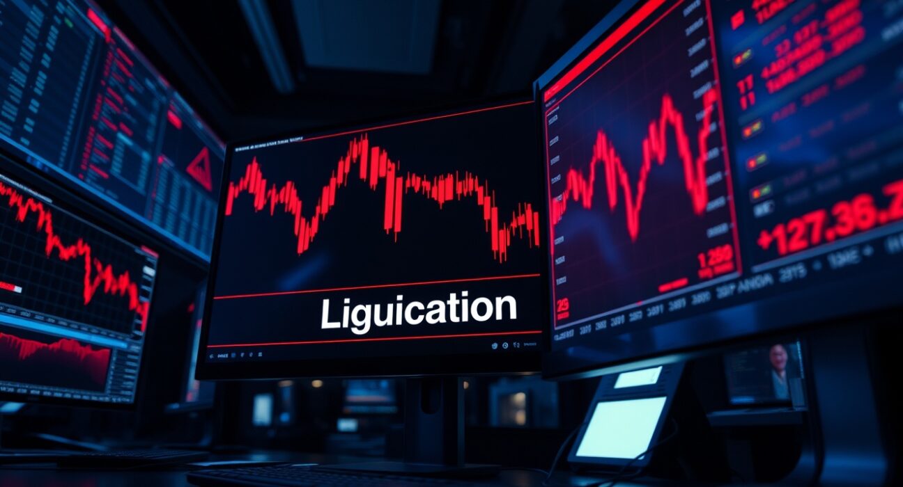 Trading desk monitor showing crypto futures liquidation data and red candlestick charts during a market sell-off.