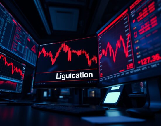 Trading desk monitor showing crypto futures liquidation data and red candlestick charts during a market sell-off.