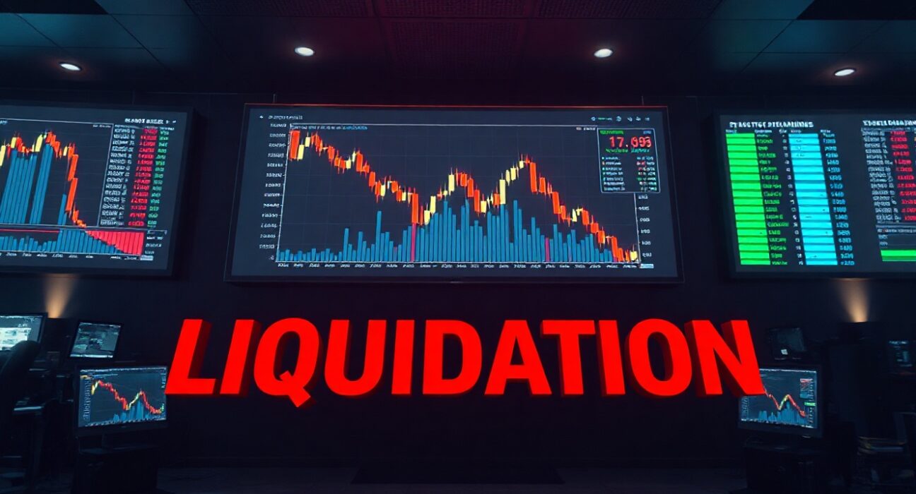Cryptocurrency exchange screen showing sharp price drop and liquidation warning during market volatility