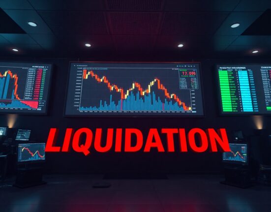 Cryptocurrency exchange screen showing sharp price drop and liquidation warning during market volatility