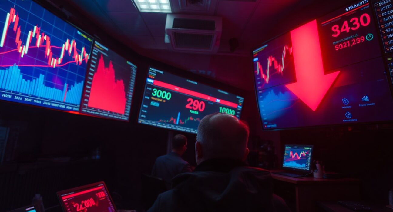 Crypto trading dashboard showing red market decline and liquidation data