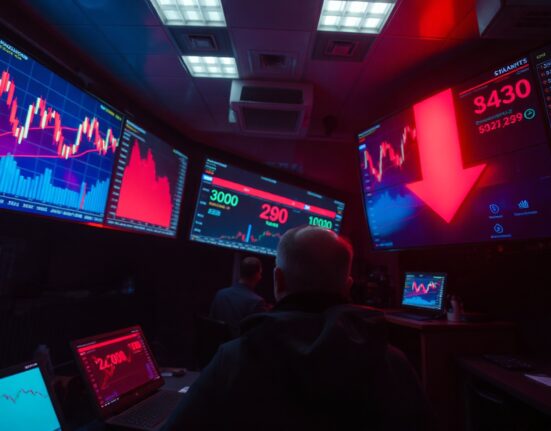 Crypto trading dashboard showing red market decline and liquidation data