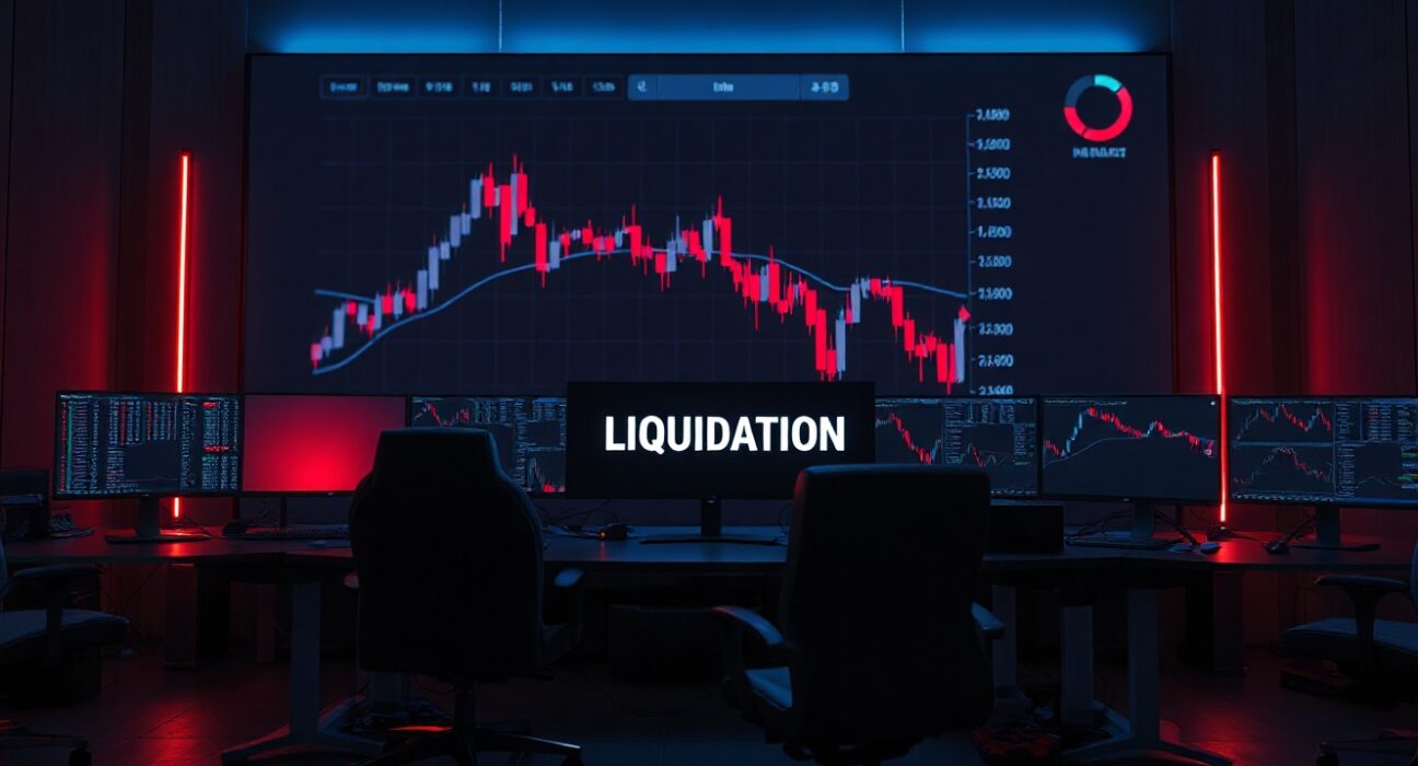 Cryptocurrency trading dashboard showing sharp red market decline and liquidation data on multiple monitors