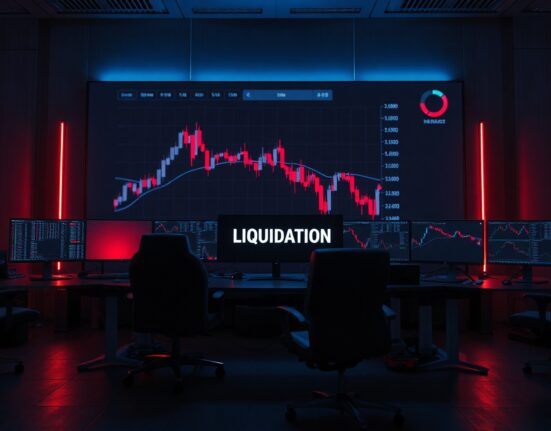 Cryptocurrency trading dashboard showing sharp red market decline and liquidation data on multiple monitors