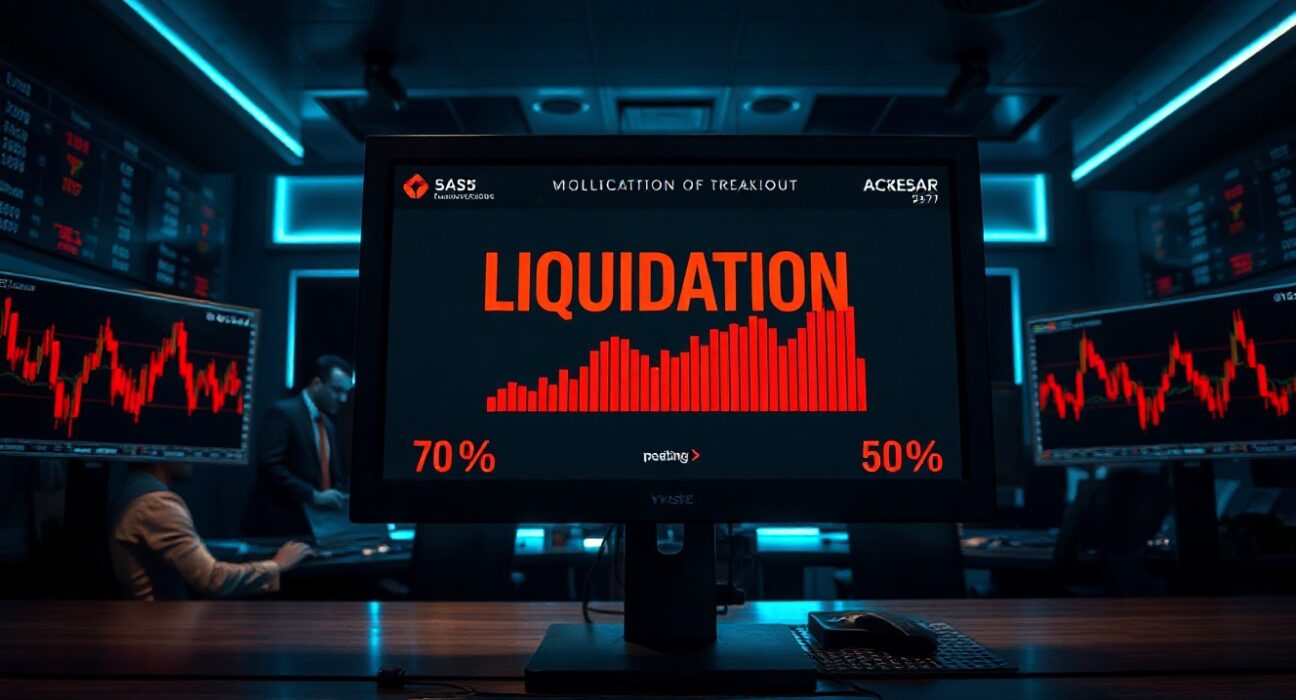 Trading desk monitor showing crypto futures liquidation data with red candlestick charts