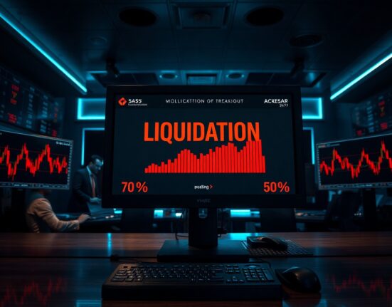 Trading desk monitor showing crypto futures liquidation data with red candlestick charts