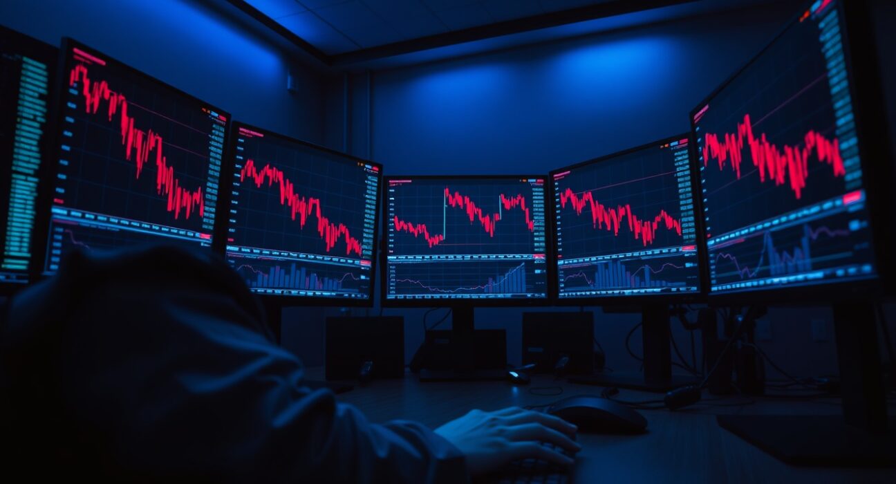 Trader at desk with red declining crypto charts on monitors, representing market liquidation event