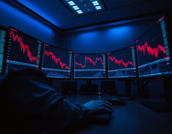 Trader at desk with red declining crypto charts on monitors, representing market liquidation event