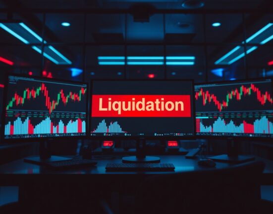 Financial trading desk with monitors showing red charts and a liquidation warning during a cryptocurrency market sell-off.