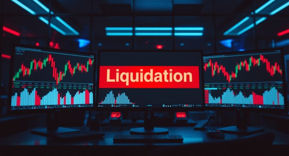 Financial trading desk with monitors showing red charts and a liquidation warning during a cryptocurrency market sell-off.