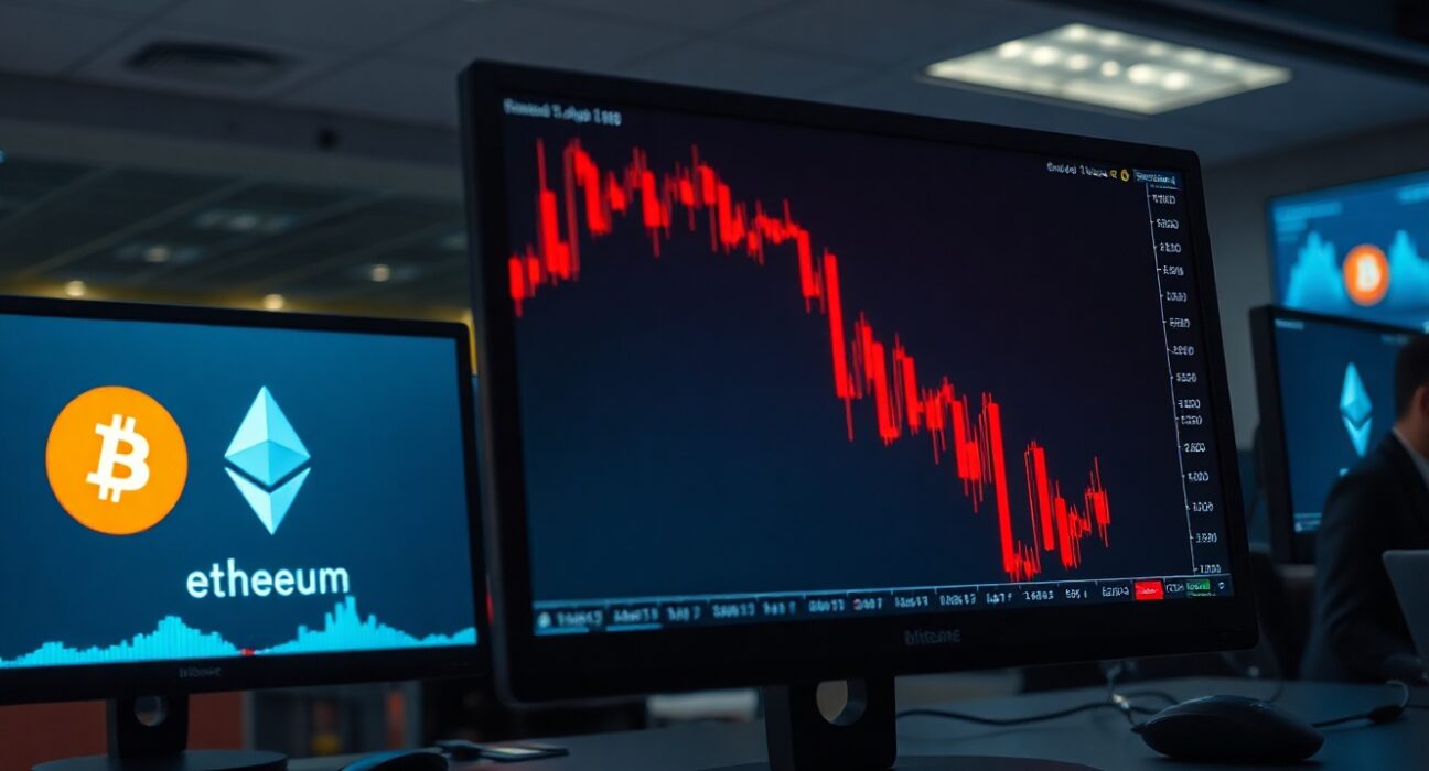 Cryptocurrency trading screen showing sharp red candlestick chart and liquidation data on multiple monitors
