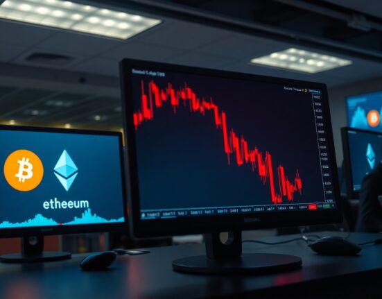 Cryptocurrency trading screen showing sharp red candlestick chart and liquidation data on multiple monitors